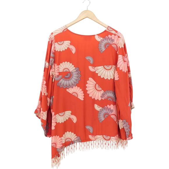 Magic Of The Moon Women's Flared Sleeve Silky Beaded Asymmetrical Blouse Size 1X - Picture 2 of 5